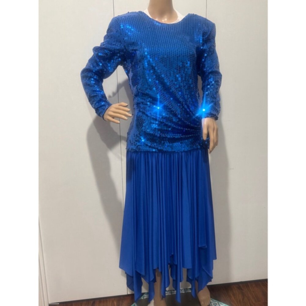 Tadashi vintage 1980’s Dress 12 Blue sequin V-back drop waist handkerchief hem
